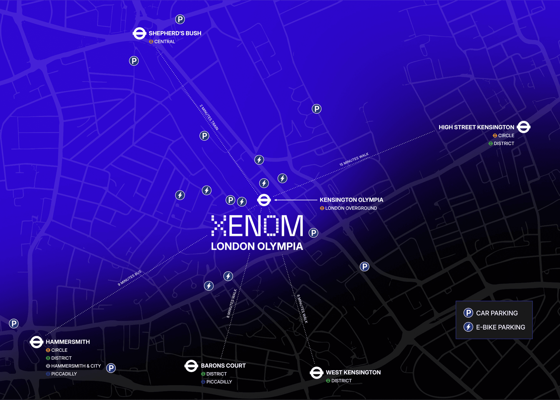 Map showing how to get to XENOM London Olympia including nearby Tube stations, walking times, car parking, and e-bike locations